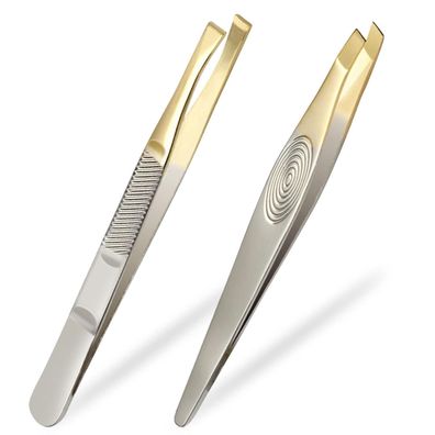 Schräge Pinzette Set 2 Pinzetten Edelstahl Augenbrauen Zupfen Splittern Gold