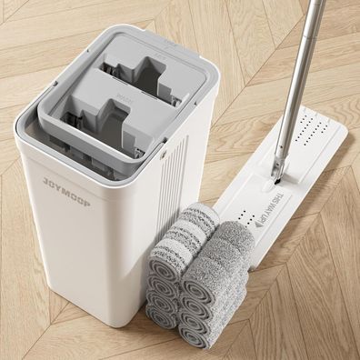 Joymoop Wischmopp Eimer Auswringer Set 8 Mikrofaser-Pads verlängerter Griff