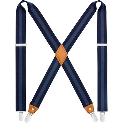 Hisdern Herren Hosenträger X-Form 3,5 cm breit mit 4 starken Metall Clips, blau