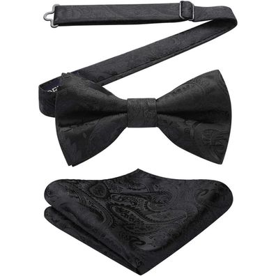 Hisdern Herren Fliege mit Einstecktuch Set - Einfarbig, Verstellbar, Schwarz