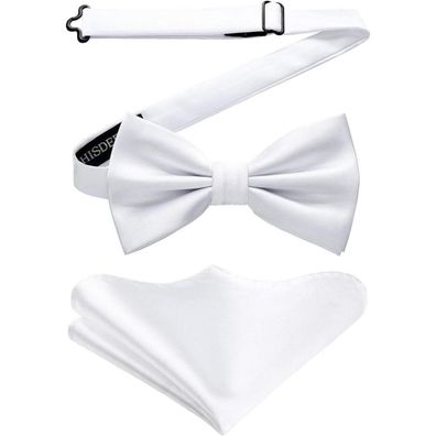 Hisdern Herren Fliege mit Einstecktuch Set - Einfarbig, Verstellbar, Weiß für