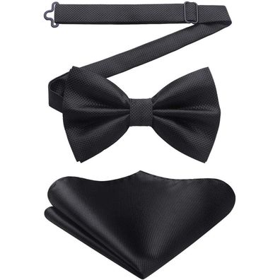 Hisdern Herren Fliege mit Einstecktuch Set - Einfarbig, Verstellbar, Schwarz