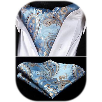 Hisdern Krawattenschal Herren Set Blau/Gold: Ascot Krawatte und Einstecktuch