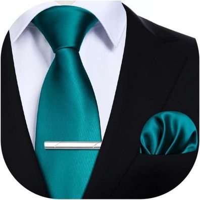 Hisdern Herren Krawatten Set mit Einstecktuch und Krawattenklammer, Pfaublau