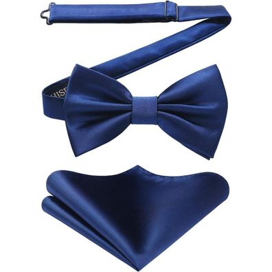 Hisdern Herren Fliege mit Einstecktuch Set - Einfarbig, Verstellbar, Dunkelblau