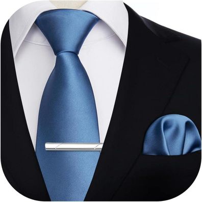 Hisdern Herren Krawatten-Set: Krawatte, Einstecktuch & Krawattenklammer in Blau