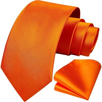 Hisdern Herren Krawatte & Einstecktuch Set - Leuchtendes Orange, Einfarbig