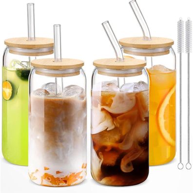 Jortine 4er Set Trinkgläser mit Deckel und Strohhalm, 500ML Bierdosengläser für