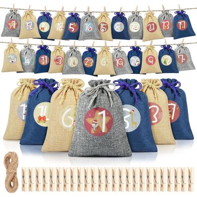 Adventskalender zum Befüllen Groß, 24 Stück Blaue Säckchen mit Zahlen für