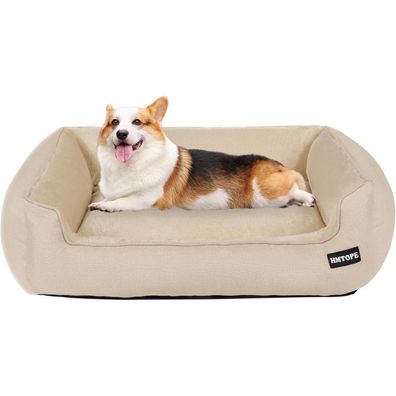 HMTOPE Hundebett, abnehmbar und waschbar, Beige, 90 x 75 x 25 cm