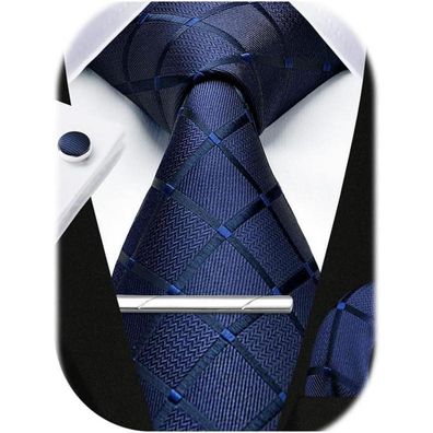 Hisdern Herren Krawatten-Set Navy Blau kariert mit Einstecktuch