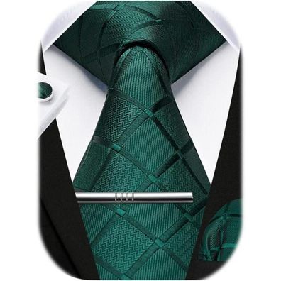 Hisdern Herren Krawatten-Set Dunkelgrün Plaid mit Einstecktuch