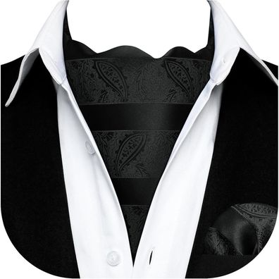 Hisdern Krawattenschal Herren Paisley Ascot Krawatte & Einstecktuch Set Schwarz