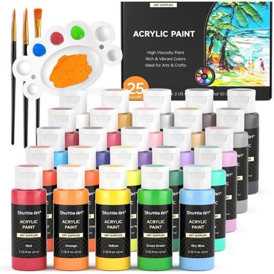 Shuttle Art Acrylfarben-Set, 25 Farben (60 ml Flaschen), inkl. 3 Pinsel