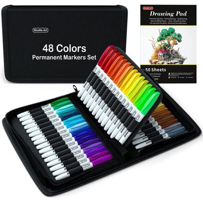 Shuttle Art Permanent Marker Set, 48 leuchtende Farben, fein, mit Tragetasche