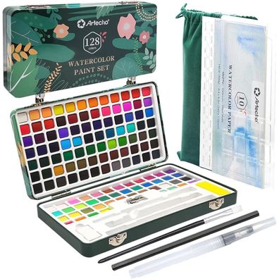 Artecho Aquarellfarben Set 128 Farben in tragbarer Box mit Zubehör für Anfänger
