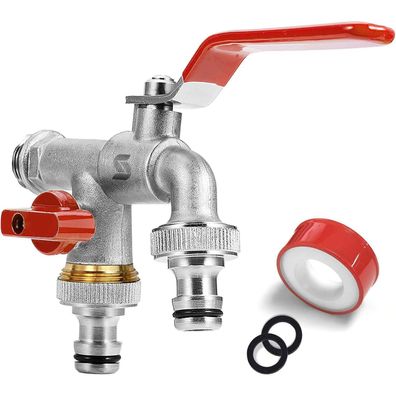 SPGOOD Premium Messing Garten Wasserhahn Doppel 1/2 Zoll auf 2x 3/4 Zoll
