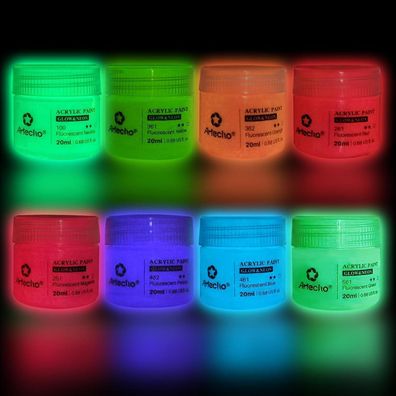 Artecho 8C Neon & Glow in the Dark Acrylfarben-Set, 20ml Flaschen, Leuchtfarbe