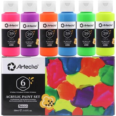 Artecho Fluoreszierende Neonfarben 6x59 ml - Leuchtet unter UV-Licht, Ideal für