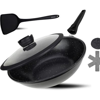 DIVORY Wok Pfanne 30cm mit Deckel und abnehmbarem Stielgriff, Induktion