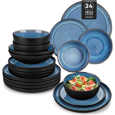 vancasso PLAYA Geschirrset 24-teilig für 6 Personen, Steingut, Blau