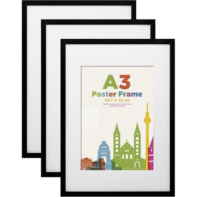 Egofine Bilderrahmen A3 (3er Set) Schwarz mit Acrylglas, Passepartout für DIN