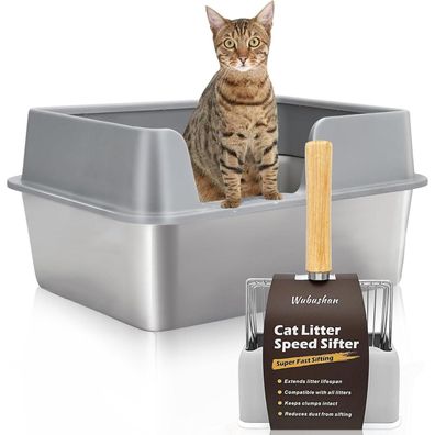 Wubushan Katzenklo Edelstahl XXL, offene Katzentoilette mit Metallschaufel