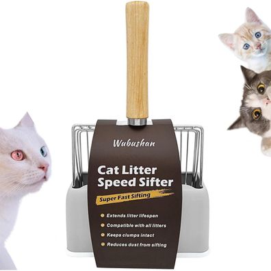 Wubushan Katzenstreuschaufel aus Edelstahl mit Holzgriff und Halterung, 28cm