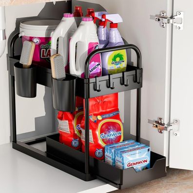 GEMWON 2-Etagen Unter Waschbecken Regal mit 4 Haken & 2 Tassen, Spülschrank