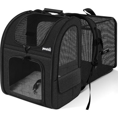 pecute Haustier Expansions Rucksack für Hunde und Katzen, erweiterbar, Schwarz