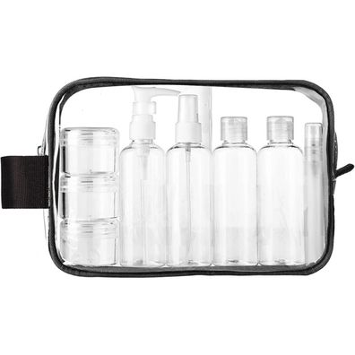 Mococito Kulturbeutel Transparent mit 8 Reiseflaschen zum Befüllen (100ml)