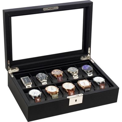 KILHS Uhrenbox mit 10 Fächern und großem Glasdeckel, ideal als Geschenk, schwarz