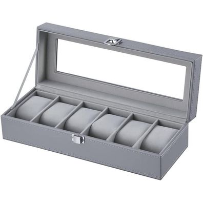 Lingfanstore Uhrenbox für 6 Uhren, PU Leder und Samt, mit Glasfenster, Grau