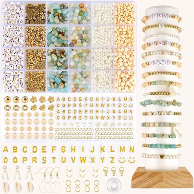EUES Natürliche Amazonit Perlen Set mit Holzperlen für DIY Armbänder, Boho