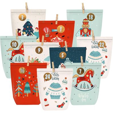 Pansiby Adventskalender zum Befüllen - 24 bunte Papiertüten mit