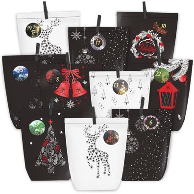 Pansiby Adventskalender zum Befüllen, 24 klassische Schwarz-Rot Papier-Tüten