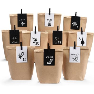 Pansiby Adventskalender zum Befüllen, 24 Kraftpapier Tüten mit
