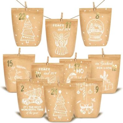 KOHMUI Adventskalender zum Befüllen, 24 DIY Papiertüten mit Weihnachtsdeko