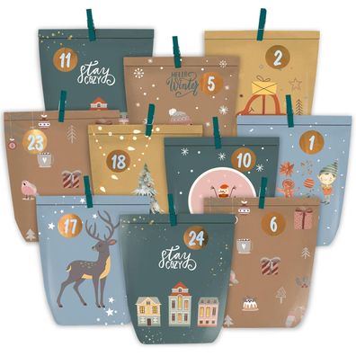 KOHMUI Adventskalender zum Befüllen, 24 DIY Papiertüten mit Zahlen Aufklebern