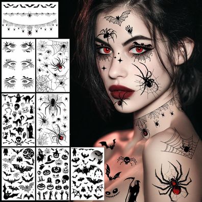 Luckeey Halloween Gesicht Tattoos, 8 Blatt 3D Fledermaus & Spinnen Tattoos