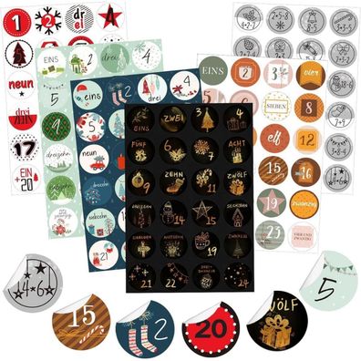 KOHMUI Adventskalender Zahlen Aufkleber, 6 Bogen mit 24 Stickern pro Bogen für