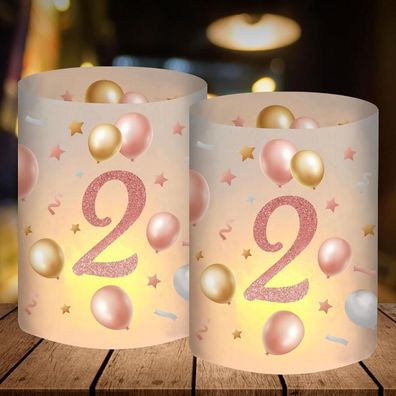 12er Set Windlichter für den 2. Geburtstag Mädchen, Tischdeko Rosegold, für