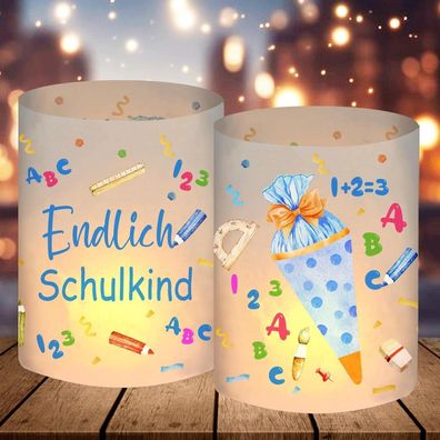 12 Windlichter Einschulung Junge, Schulanfang Deko Blau mit Motiv ABC