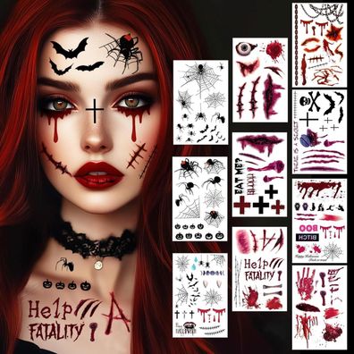 Luckeey Halloween Gesichtstattoos, 10 Blatt Gruselige Fake Tattoos für