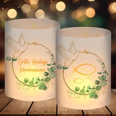 12er Set Windlicht Tischdeko für Erstkommunion, Deko Junge/Mädchen, Eukalyptus
