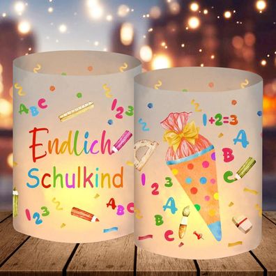 12er Set Windlicht Tischdeko Einschulung "Endlich Schulkind 2024", Deko für