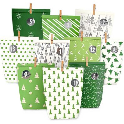 Adventskalender zum Befüllen, 24 grüne Advents- und Weihnachtstüten mit