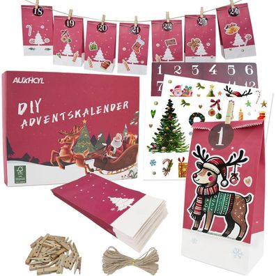 Auxhcyl Adventskalender zum Befüllen, 24 DIY Adventskalendertüten mit Stickern