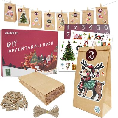 Auxhcyl Adventskalender zum Befüllen, 24 DIY Adventstüten zum Basteln für