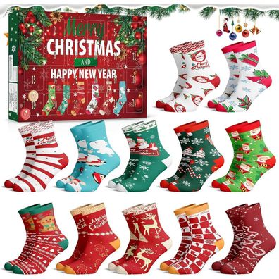 Weihnachtssocken Adventskalender 2025 - 12 Paar festliche Socken für Damen und